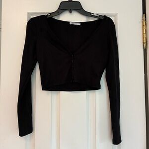 Zara Black Ripped Button V-Neck Cropped Top